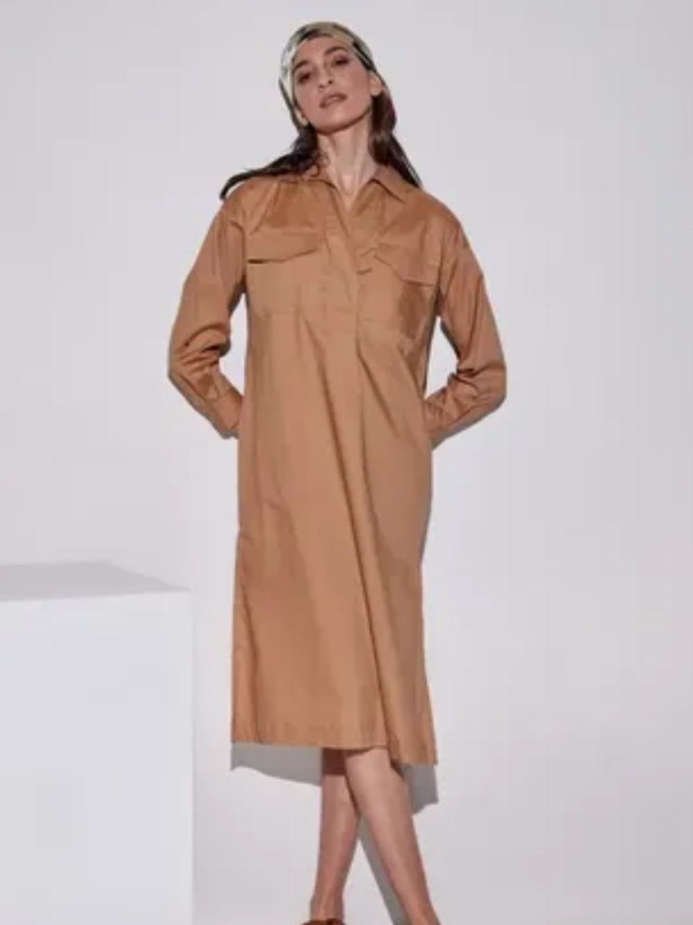 LOFT Tan Poplin Shirt Dress with Chest Pockets [Size 12P]